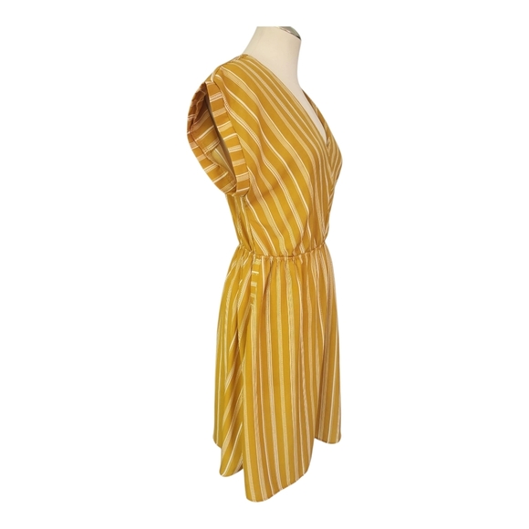 Monteau Mustard & White Striped Mini Dress | Flutter Sleeve V-Neck Size M - Picture 3 of 8